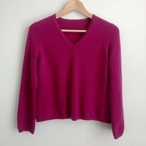100% cashmere V neck sweater top dark magenta pink approx Medium Petite